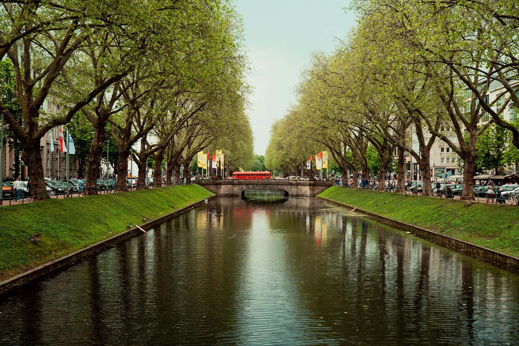 Königsallee in Düsseldorf mit dem Stadtgraben und seinen Platanen